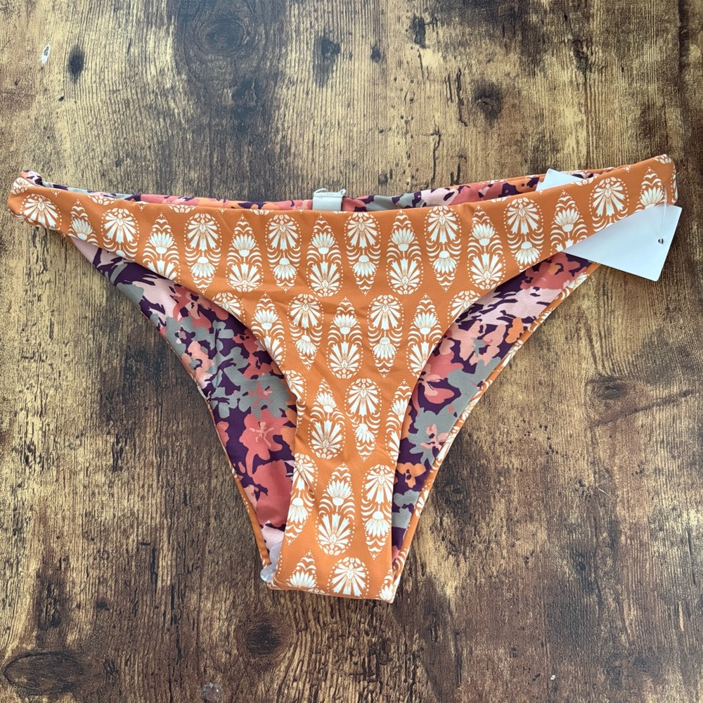 Maaji Reversible Orange Purple Printed Bikini Swim Bottoms Floral Boho New Large